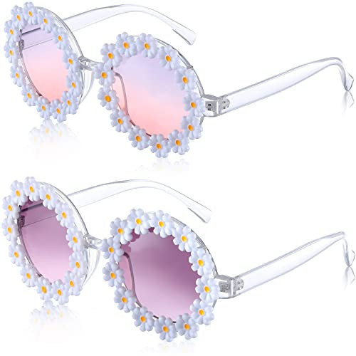 2 Pairs Daisy Flower Sunglasses for Women Round Flower Glasses for Adult kids Decor with Glasses Cloth Flannel Bag (Purple Gradient Orange Pink) | Amazon (US)