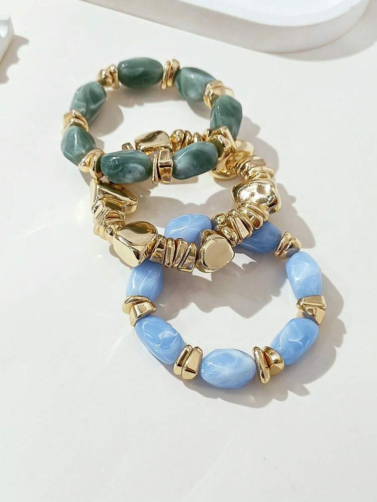 LADYCOCO 3pcs Vintage Thick Chunky Acrylic Beaded Multilayer Bracelet, Transformable Gold Chip Br... | SHEIN