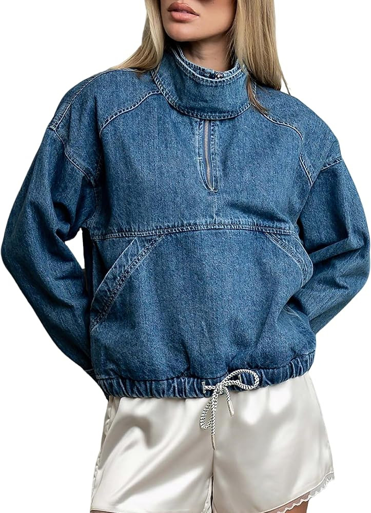 Megfie Women Half Zip Funnel Neck Cropped Denim Pullover Jacket | Amazon (US)