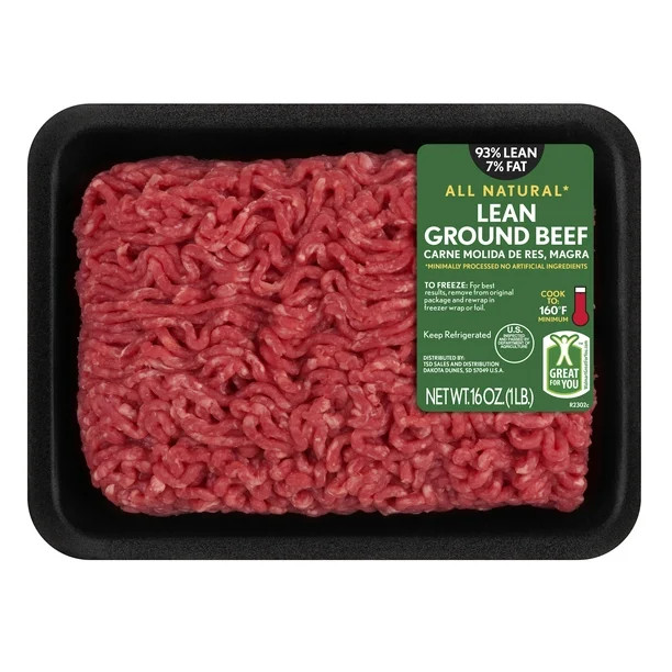 All Natural*, 93% Lean/7% Fat, Lean Ground Beef, Tray, 1lbs, (Fresh) | Walmart (US)