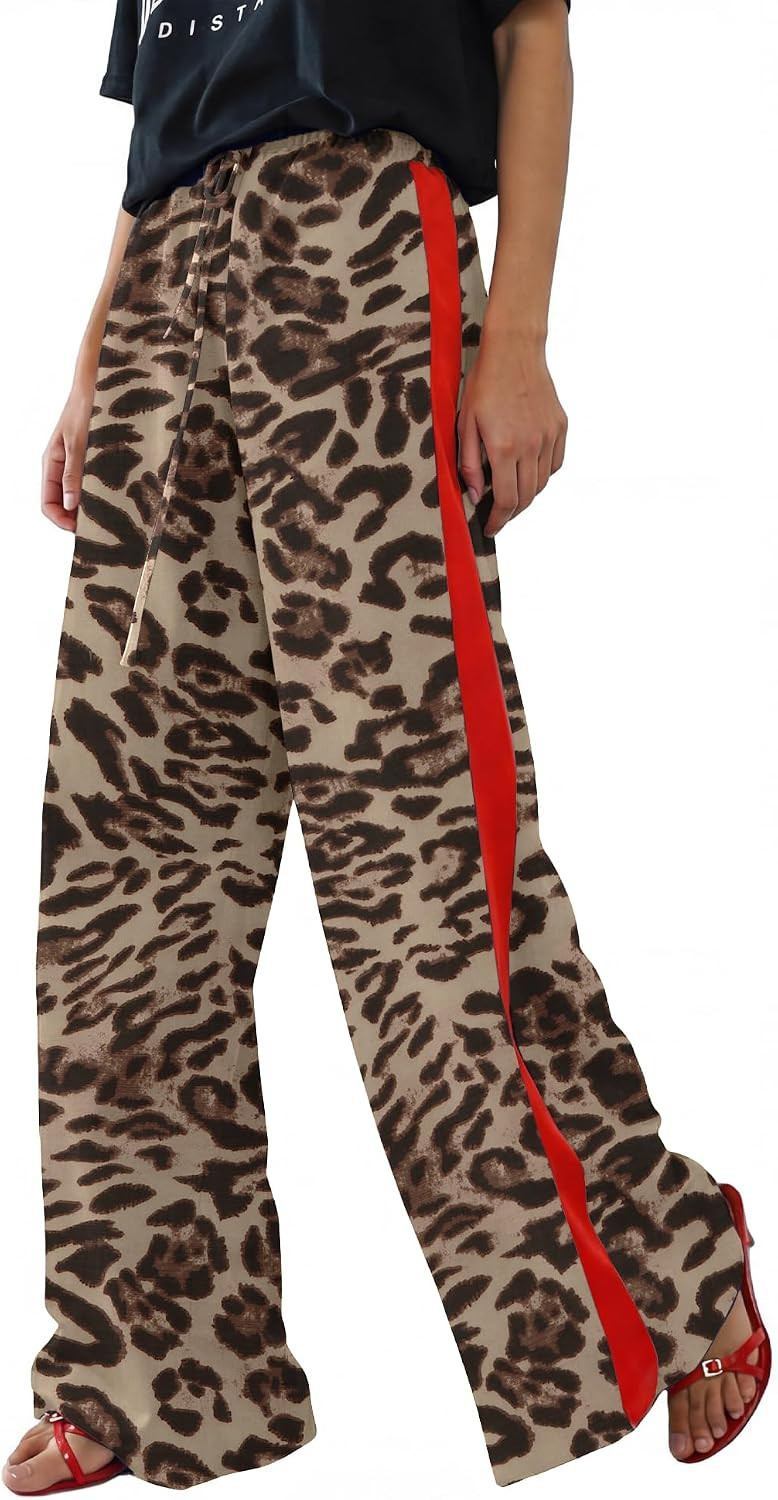 Rapbin Womens Leopard Wide Leg Pants Flowy Side Striped Palazzo Trousers | Amazon (US)