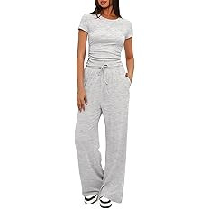 Darong Women's 2 Piece Outfits Lounge Sets Ruched Short Sleeve Tops and High Waisted Wide Leg Pan... | Amazon (US)
