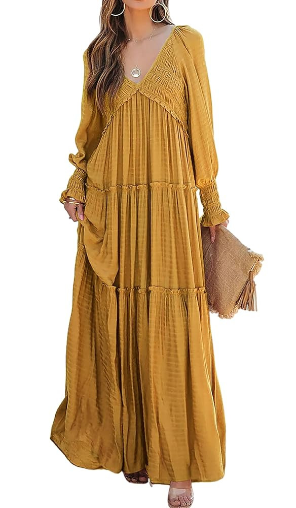R.Vivimos Maxi Dress for Women Long Sleeve V Neck Empire Waist Layered Ruffle Boho Casual Flowy L... | Amazon (US)