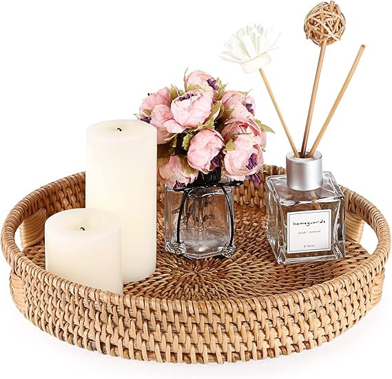 Hipiwe 10" Round Rattan Serving Tray with Handles, Hand-Woven Decorative Organizer Tray for Stora... | Amazon (US)
