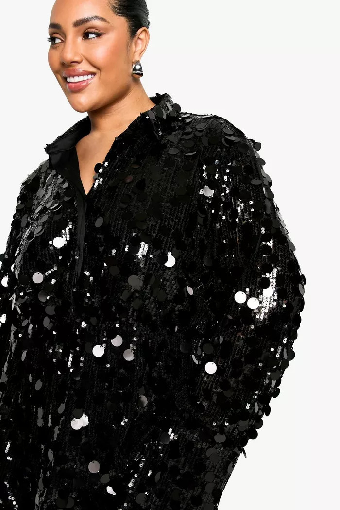 Plus Sequin Plunge Collar Detail Mini Dress | boohoo (US & Canada)