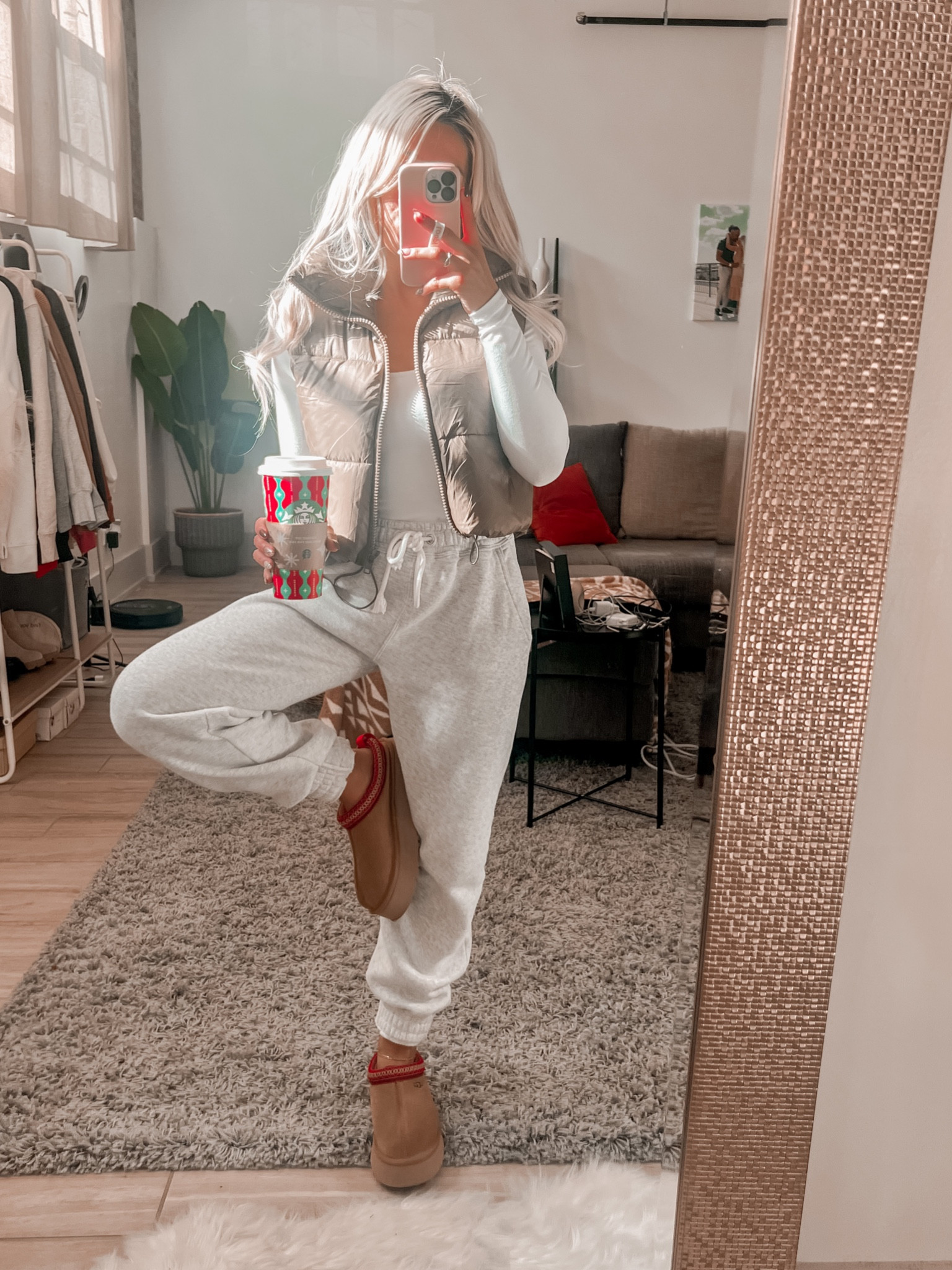 Comfy outfit idea 
Casual outfit 
Puffer vest
Joggers
Ugg slippers
Waffle knit long sleeve
Holiday outfit 
Christmas 
Cozies
Neutral outfit 
Uggs
Everyday outfit 

#LTKSeasonal #LTKHoliday #LTKCyberweek