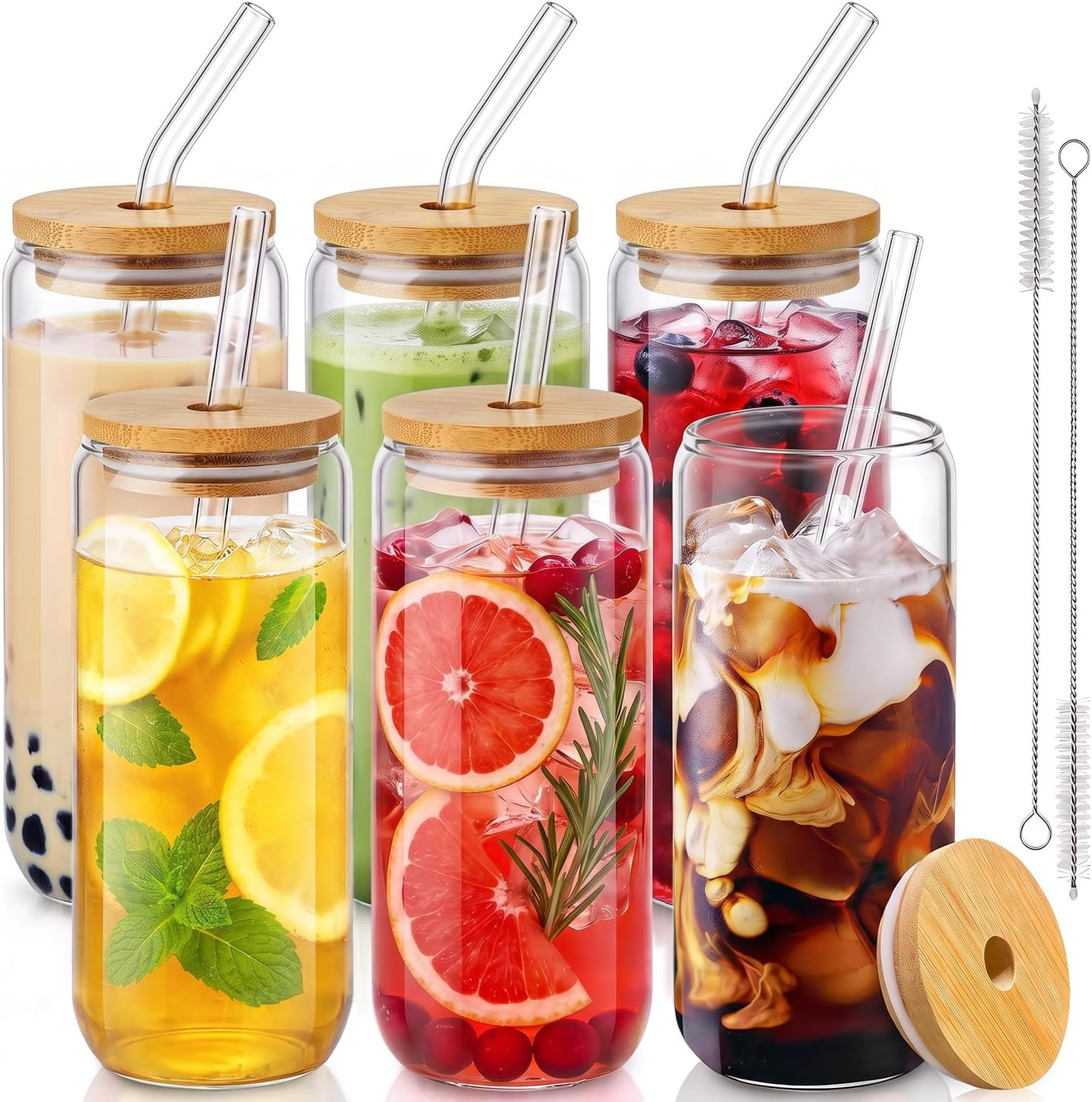 20 Oz Drinking Glasses with Bamboo Lids and Glass Straw - 6 Pcs Can Shaped Glass Cups Beer & Ice Coffee Glasses Cute Tumbler Cup Great for Soda Boba Tea Cocktail Include 2 Cleaning Brushes | Amazon (US)