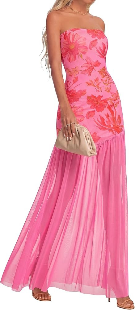 Amazon.com: KIRUNDO Wedding Guest Dresses for Women 2026 Summer Strapless Bodycon Floral Maxi Mes... | Amazon (US)