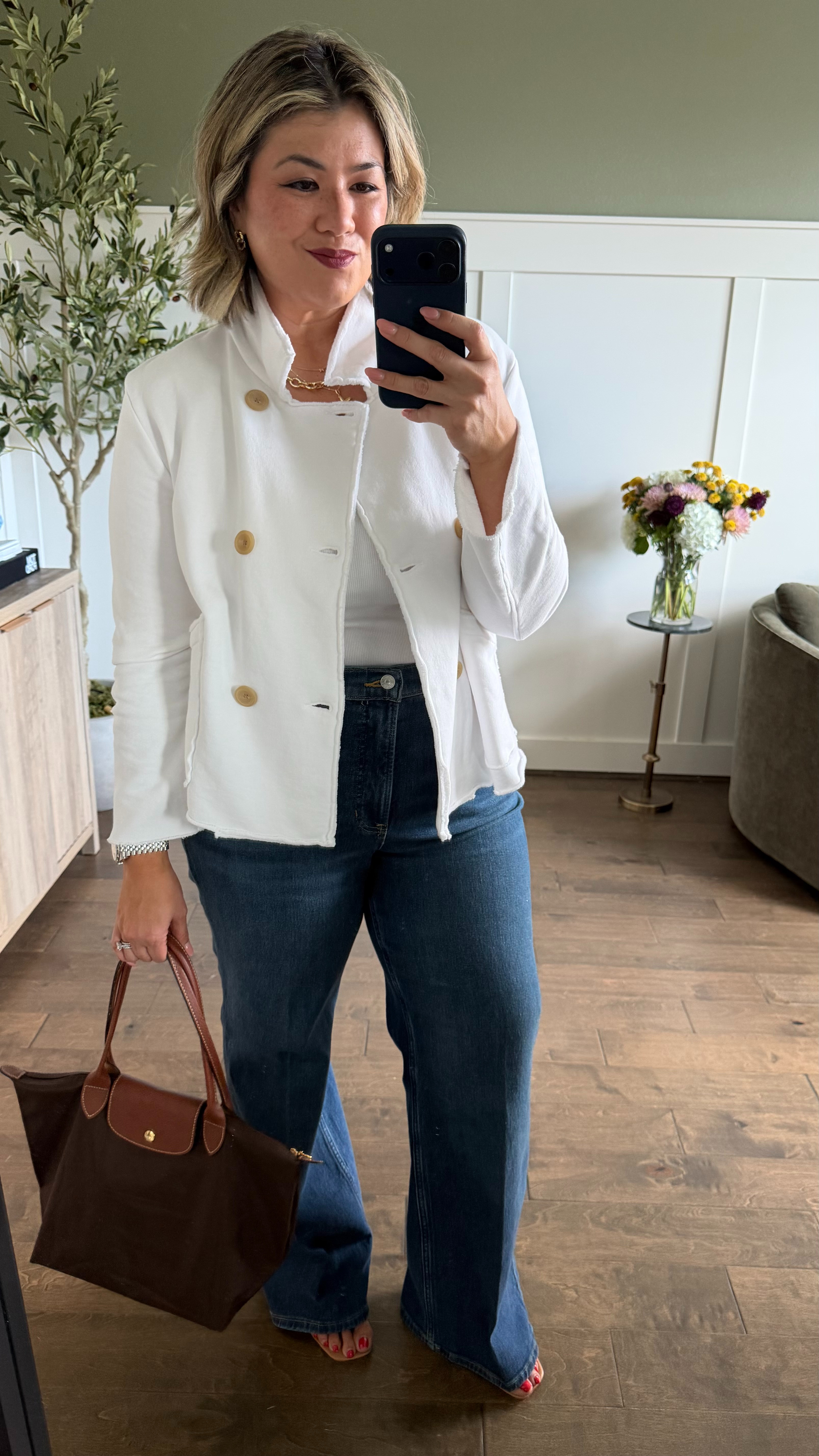 I'm wearing a size large in the white triple terry jacket. I would say that it runs true to size. It's such a nice substantial quality material - 100% cotton. 

My typical size in all Authentic 360 jeans is an XL, petite. I initially ordered these in that exact size, however, I decided to re-order a 1X (regular inseam). While they fit a bit more loose, I much prefer comfort over the label in my pants. These jeans just happened to run a bit smaller than the others, but that’s what I’m here for—to test it out and let you know exactly how they fit so you can make the best decision for yourself when ordering! 

Use code CMCLAIREXSPANX for 15% off your first purchase + free shipping, excluding sales. ￼ 

 #LTKootd #LTKOver40 #LTKMidsize