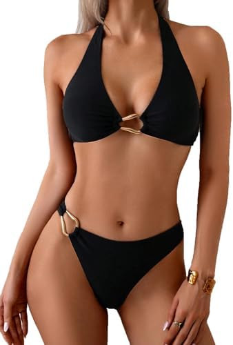 Fanuerg Women's Halter V Neck Bikini Sets Ring Linked Two Piece Swimsuit Cheeky Swim Bathing Suit... | Amazon (US)