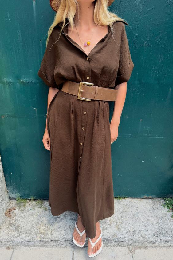 Zara - Belted Midi Dress - Brown - L - Woman | Zara UK