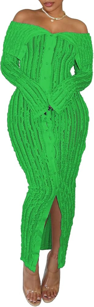 Womens Sexy Off Shoulder Maxi Dress Pleated See Through Flare Sleeve Button Down Slit Bodycon Lon... | Amazon (US)