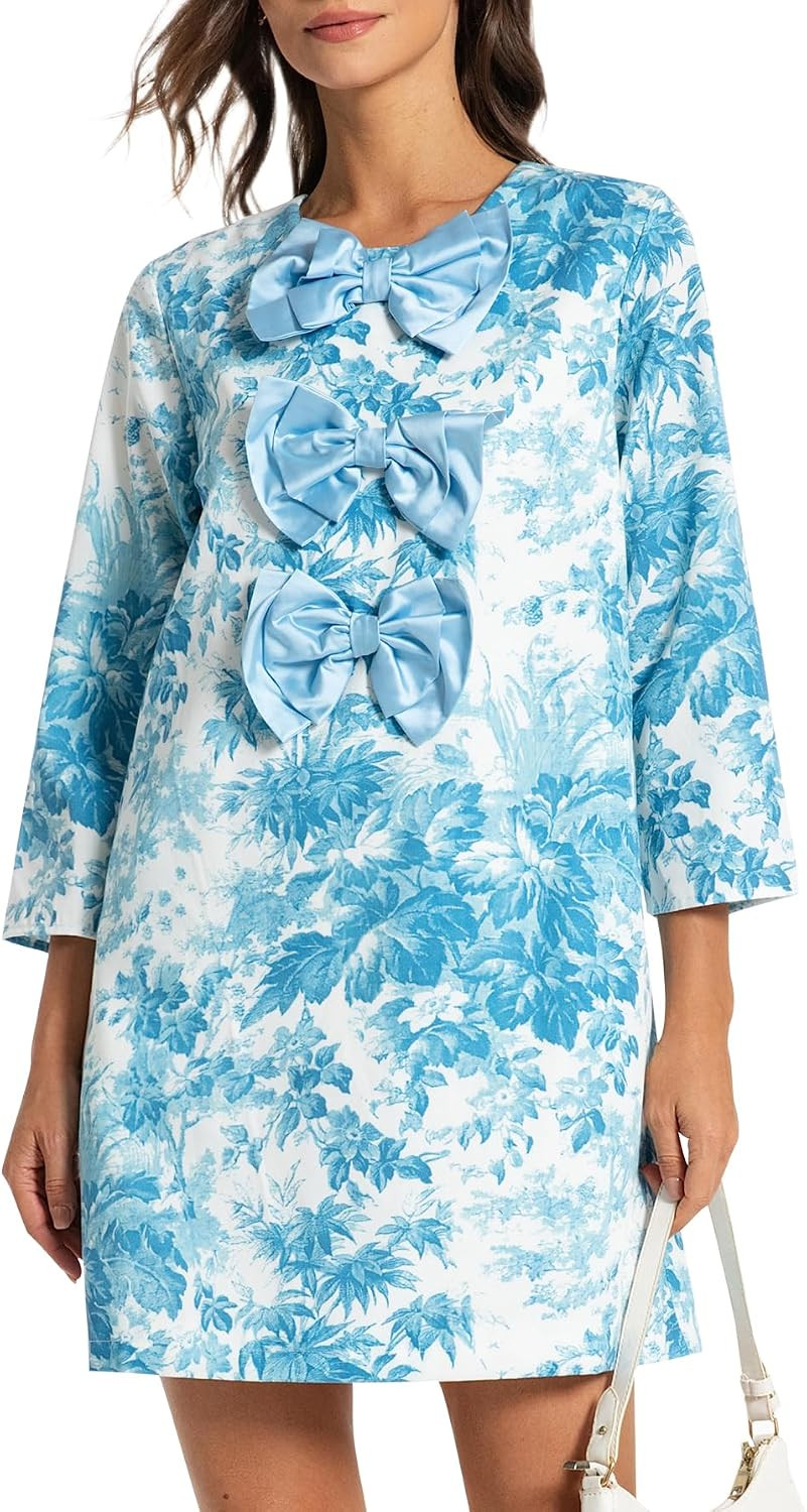 Kedera Women's Casual Mini Bow Dress Crew Neck 3/4 Long Sleeves Loose Dresses Swing Floral Shift Dress | Amazon (US)