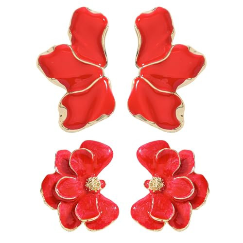 2 Pairs of Red Flower Petal Dangle Earrings for Women, Unique Irregular Floral Design Earrings, Cute Trendy Jewelry Set for Party Wedding Gift | Amazon (US)