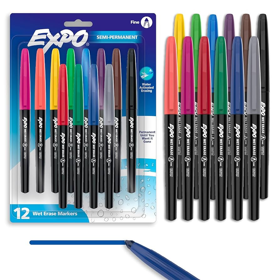 EXPO Wet Erase Markers, Semi-Permanent Markers, Assorted, Fine Tip, 12 Count | Amazon (US)