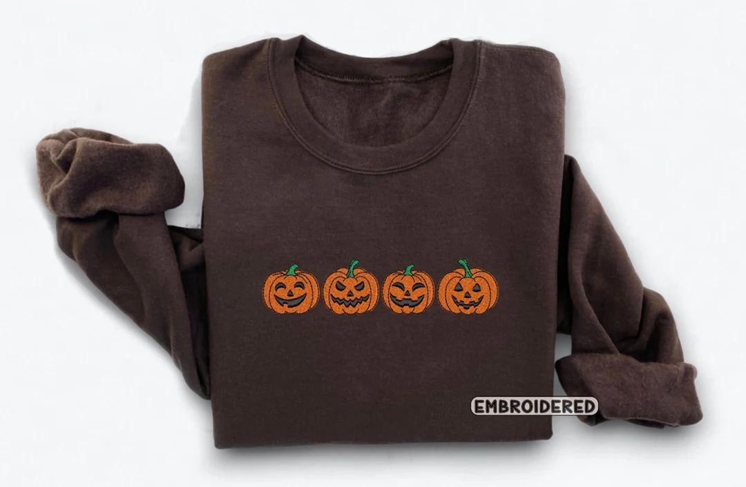 Embroidered Pumpkin Sweatshirt, Embroidered Fall Sweatshirt,Jack-o-Lantern Sweatshirt, Halloween ... | Etsy (US)