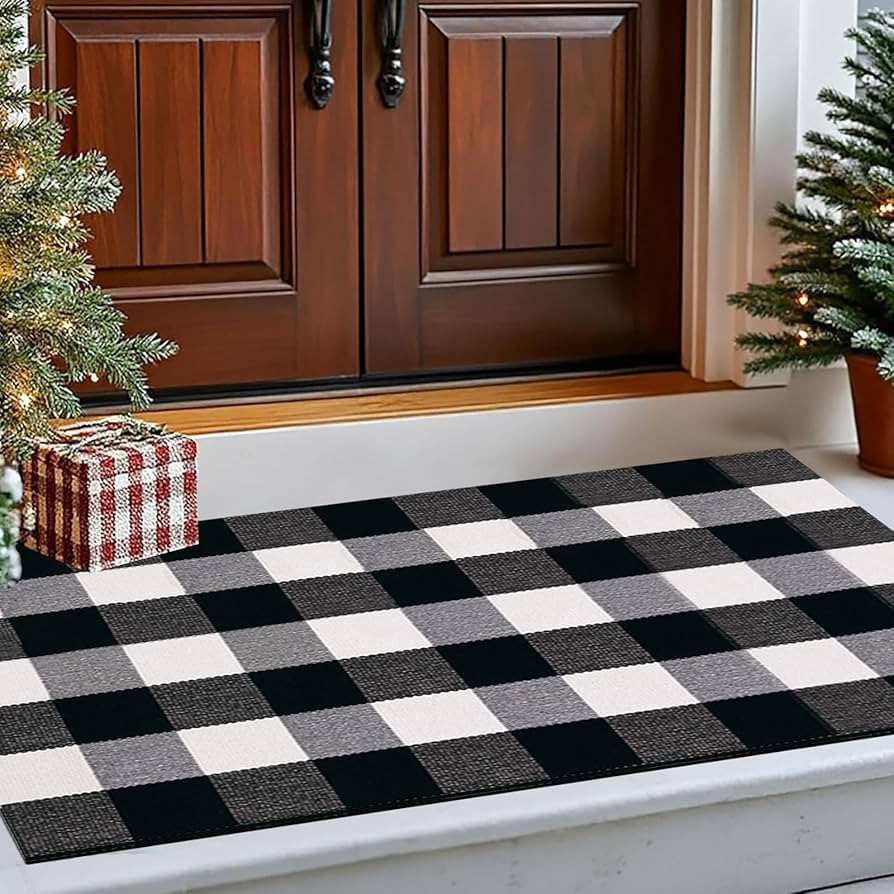 Buffalo Plaid Area Rug 27.5x43.3 Inches, Black White Checkered Non-Slip Mat, Hand Woven Cotton fo... | Amazon (US)