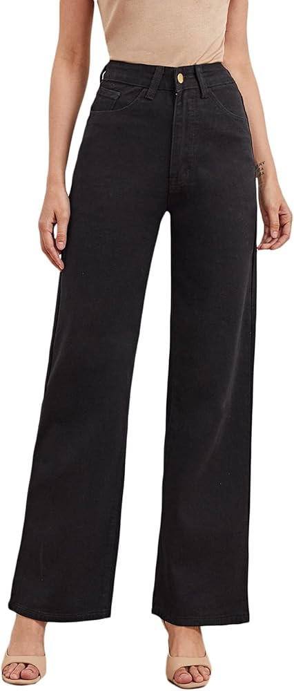SheIn Women's High Waist Boyfriends Jeans Wide Leg Denim Long Pants with Pockets | Amazon (US)