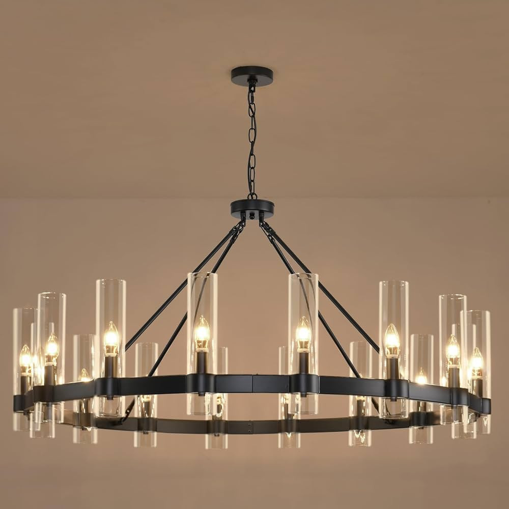 48 Inch Black Wagon Wheel Chandelier with Glass Shade, 16-Lights Black Farmhouse Chandeliers for ... | Amazon (US)