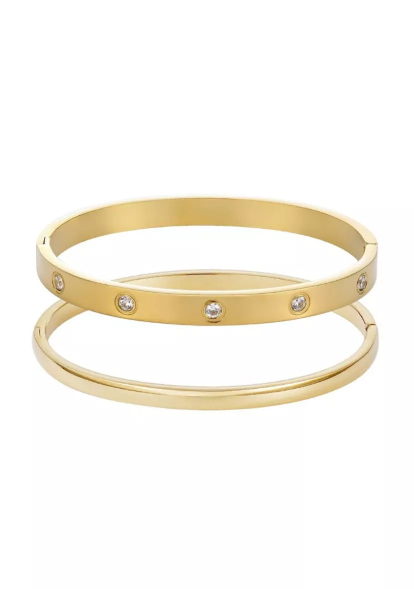 Tarnish Resistant 18k Gold Plated Eternity and Plain Cuff Set | Belk