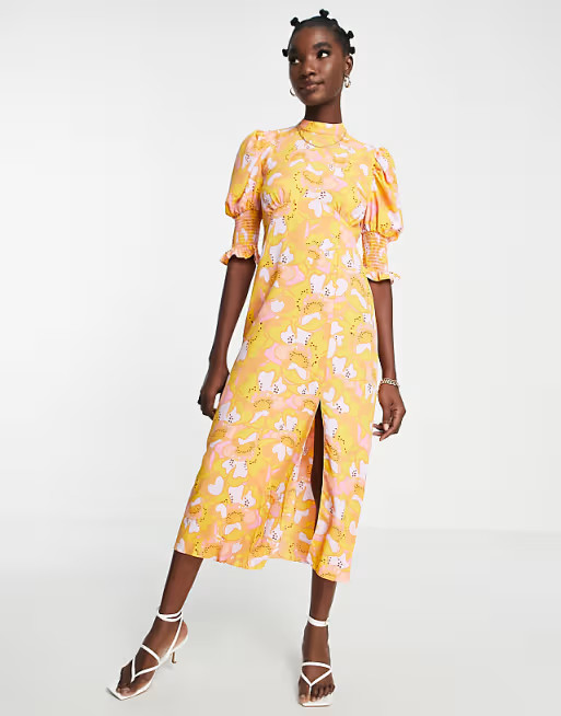 River Island floral curved seam midi dress in orange | ASOS (Global)