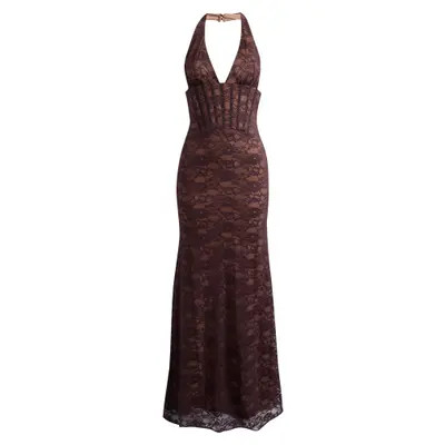 HOUSE OF CB Saskia Lace Maxi Halter Dress in Chocolate Brown at Nordstrom, Size Medium | Nordstrom