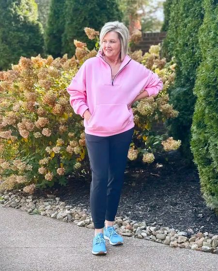 Pink quarter zip size large | Vuori Joggers size large | sneakers size down half a size | casual outfit | fitness outfit | workout outfit 

#LTKFitness #LTKStyleTip #LTKTravel