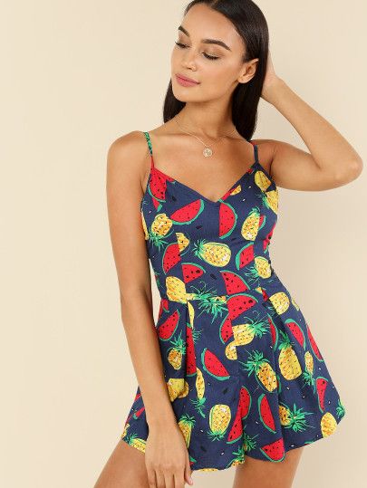 SHEIN Fruit Print Boxed Pleated Romper | SHEIN