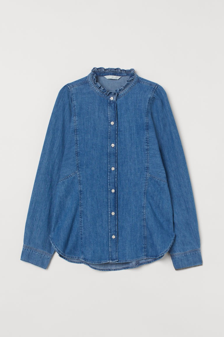 H & M - Frill-collared denim blouse - Blue | H&M (UK, MY, IN, SG, PH, TW, HK)