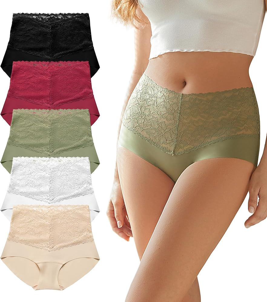 SHARICCA High Waist Lace Underwear for Women Seamless Sexy Panties Ladies Stretch Full Coverage B... | Amazon (US)