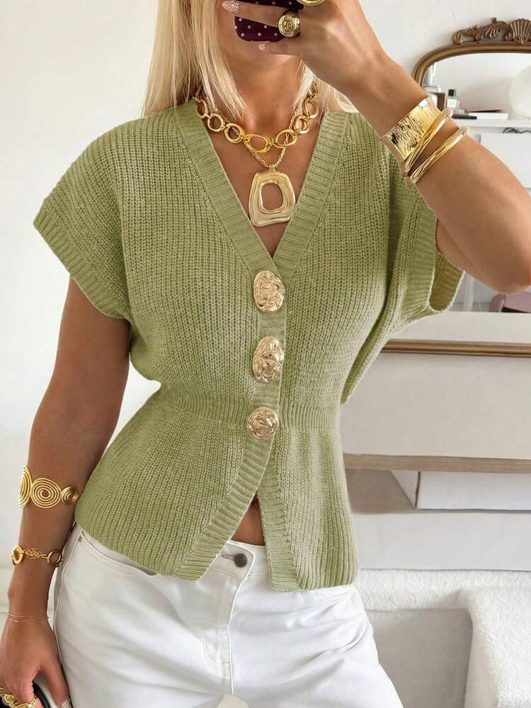 SEREN New Spring & Summer Women's V-Neck Short Sleeve Knit Sweater, Summer Outfit For Women, Going Out Tops, Summer Holiday Outfits, Women Beachwear | SHEIN