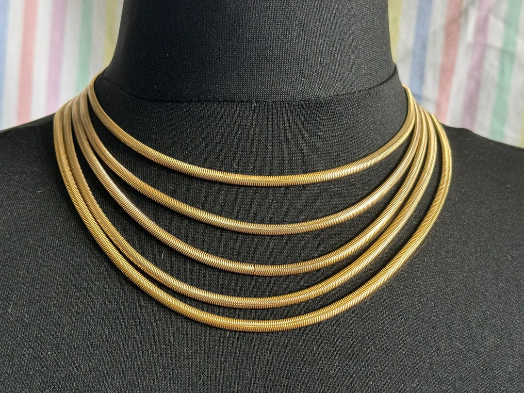 Vintage Gold Tone Simple Snake 5 Row Waterfall Layering Chain Necklace Adj to 47cm Long - Etsy UK | Etsy (UK)