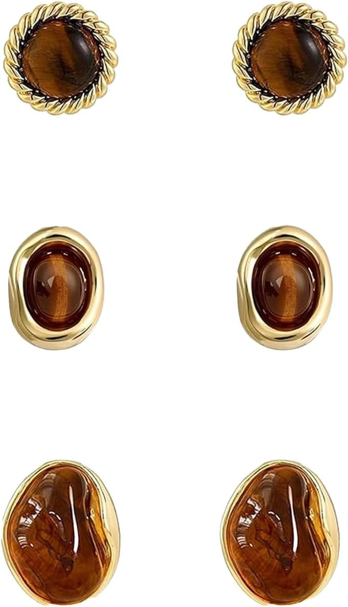 3 Pairs Women’s Oval Rope Stud Earrings Set, Vintage Gold Plated Tiger Eye | Amazon (US)