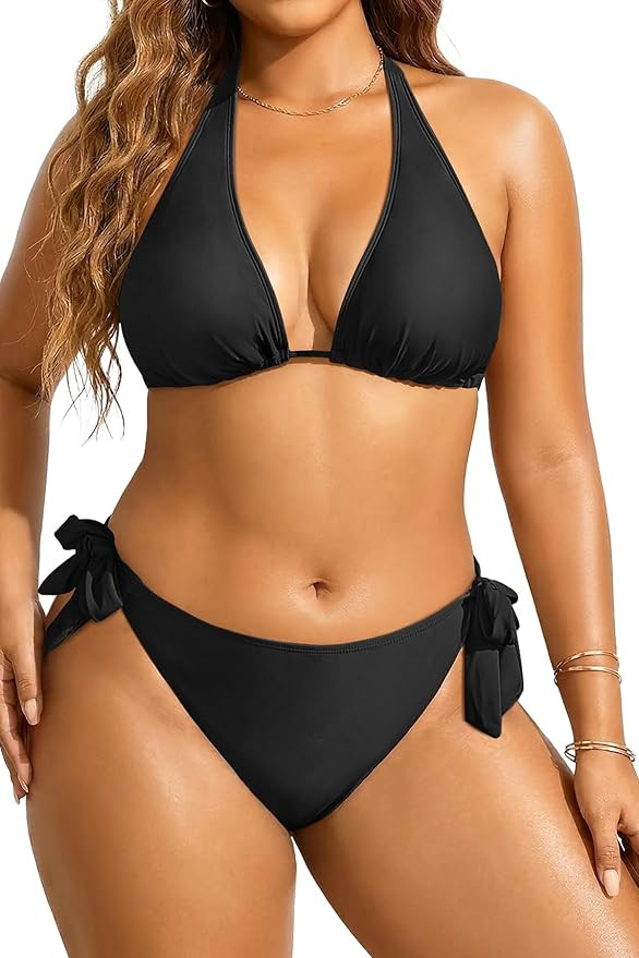 Tempt Me Women Plus Size Triangle Bikini Halter Two Piece Swimsuit Sexy Tie Side Bathing Suits | Amazon (US)