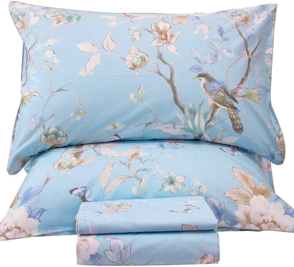 QSH Floral Bed Sheets Set Queen Size - Luxury Bird Butterfly Print Bed Sheet Set - 100% Egyptian ... | Amazon (US)