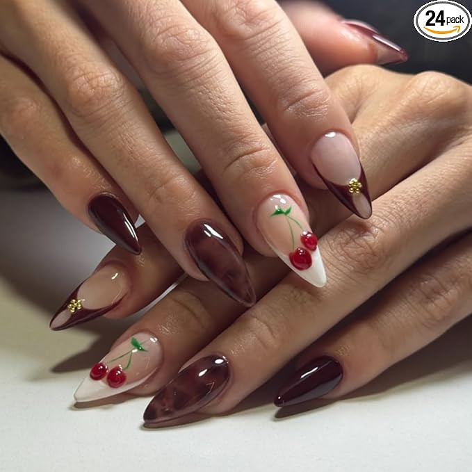 Long Almond Press on Nails Burgundy Nude Cherry Fake Nails with Gold Studs Elegant Vintage False ... | Amazon (US)