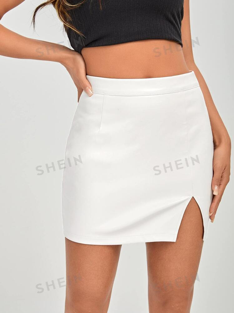 SHEIN PETITE Split Hem PU Leather Skirt | SHEIN