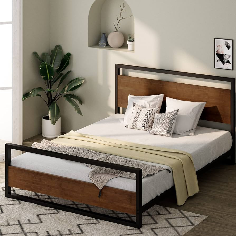 ZINUS Suzanne Bamboo and Metal Platform Bed Frame with Footboard / Wood Slat Support / No Box Spr... | Amazon (US)