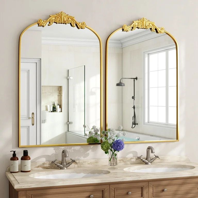 BEAUTYPEAK 40"x30" Vanity Wall Mirror Decorative Vintage Arch Bathroom Mirror,Gold | Walmart (US)