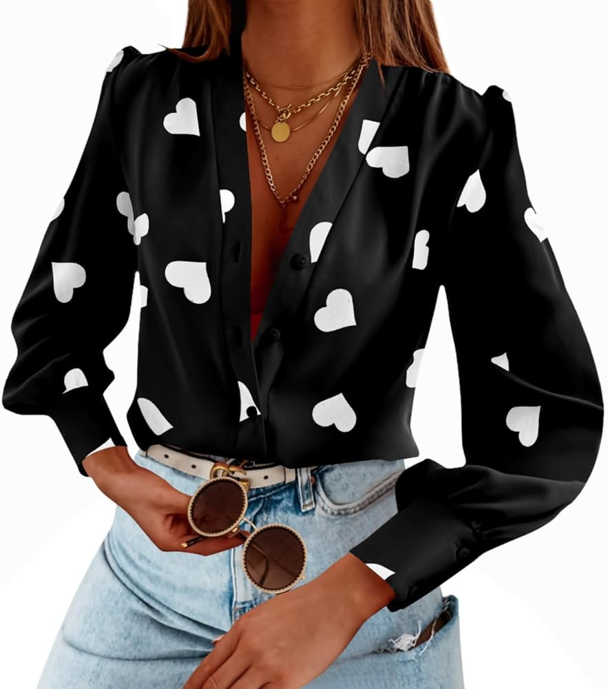 Women's Business Casual Tops Summer Long Sleeve Silk Button Down Shirts V Neck Chiffon Blouses | Amazon (US)