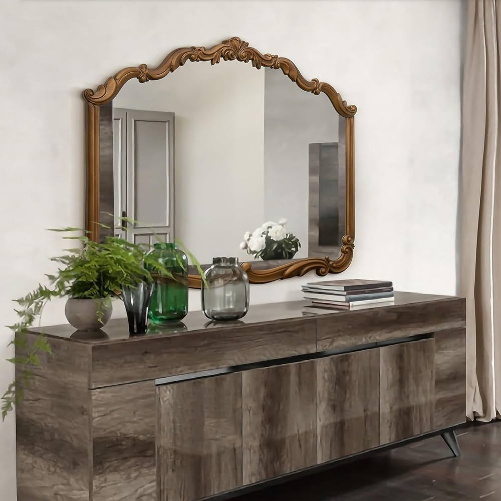 Amazon.com: Besdomus Large Arched Antique Wall Mirror, 40" x 32" Vintage Wood Carving Wall Mirror... | Amazon (US)