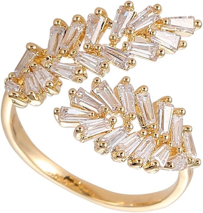 CZ Adjustable Open Ring 18K Gold Plated Rings for Women Dainty Leaf ring Cubic Zirconia Personali... | Amazon (US)