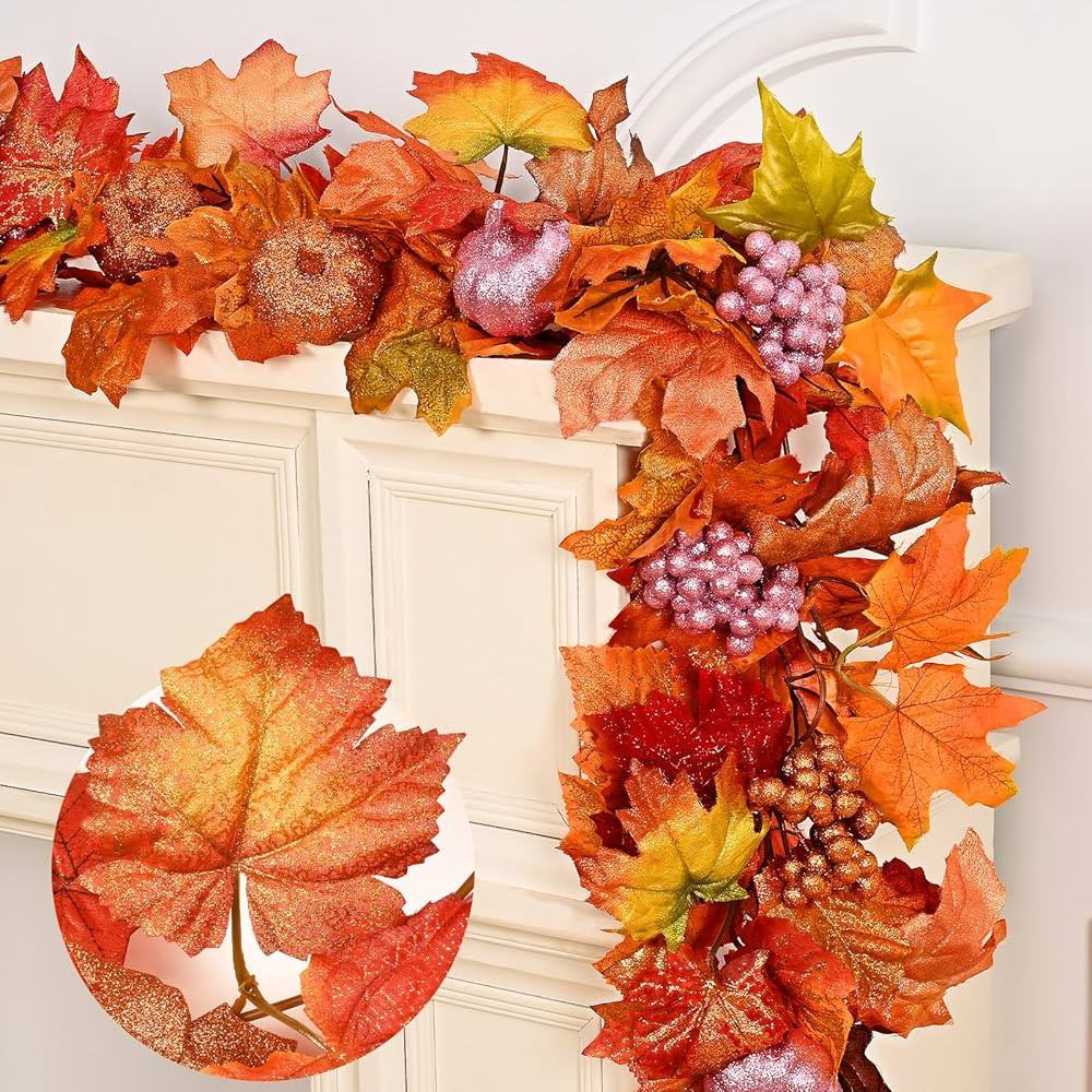 MARTINE MALL 2 Packs Fall Maple Leaves Garland, Fall Garland, Fall Leaves Garland with Tinsel Pin... | Amazon (US)