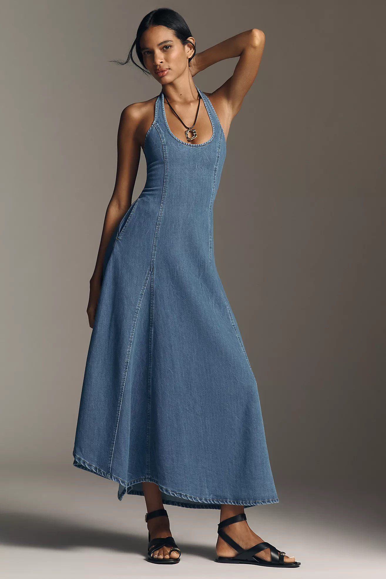 SOVERE Elodie Halter Scoop Neck Denim Midi Dress | Anthropologie (US)