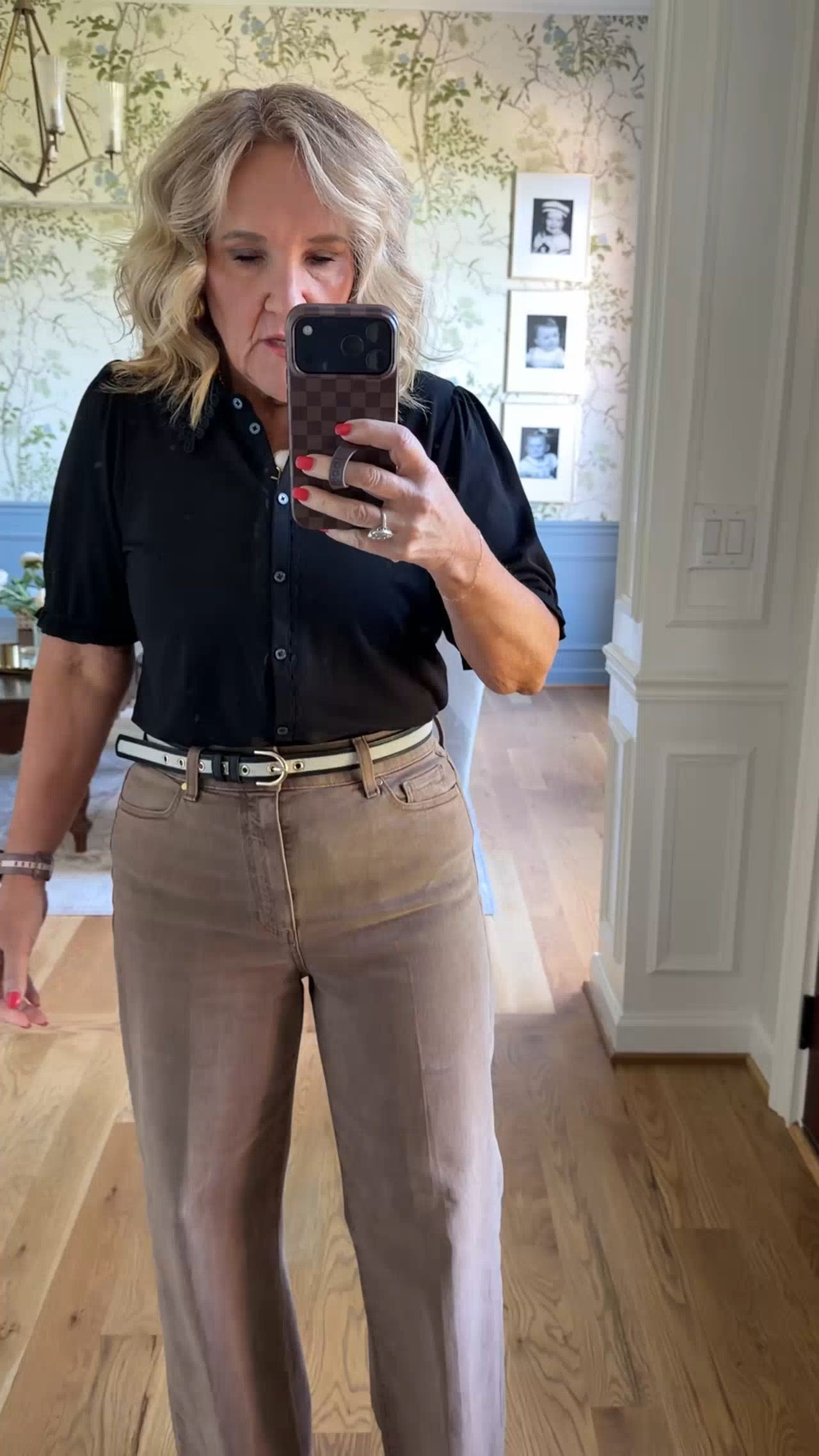 OOTD for work from home. I love these jeans! The Paige Anessa is my favorite premium denim. This cedarwood color is so rich. Wearing a 29 and I cut 2 inches off the raw edge hem.
Jersey knit top size 10 its darling with the lace collar details.
business casual, spring neutrals. 

 #LTKootd #LTKOver40 #LTKWorkwear