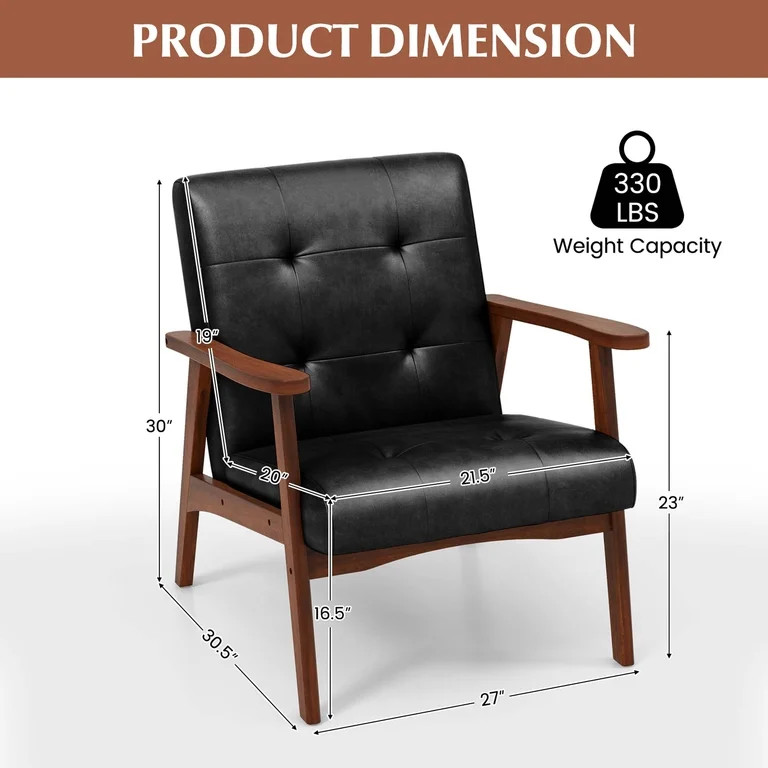 Costway Mid Century Accent Chair Tufted Reading Armchair Solid Rubber Wood Black | Walmart (US)