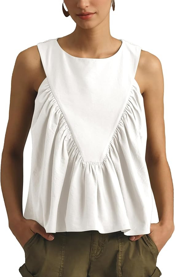 Hixiaohe Shirred Swing Tank Tops for Women Fashion Flowy Sleeveless Shirts Casual Crew Neck Blous... | Amazon (US)