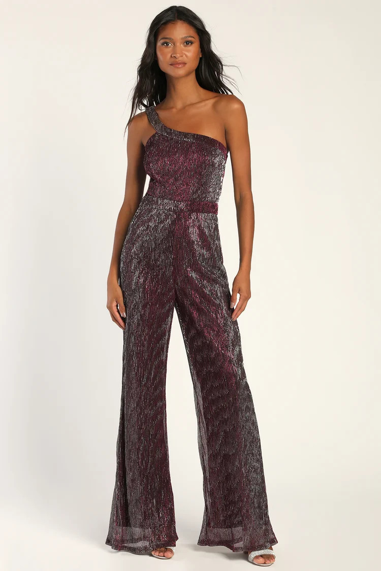 Glitter Girl Shiny Purple One-Shoulder Wide Leg Jumpsuit | Lulus (US)