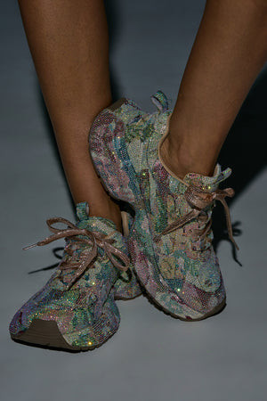 AKIRA Gold Mora Multi Floral Rhinestone Sneaker Shoes | Size 6 | AKIRA