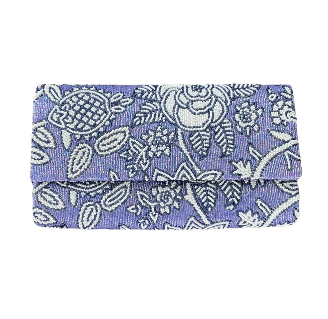 Hand Beaded Block Print Flower Clutch | Beth Ladd Collections